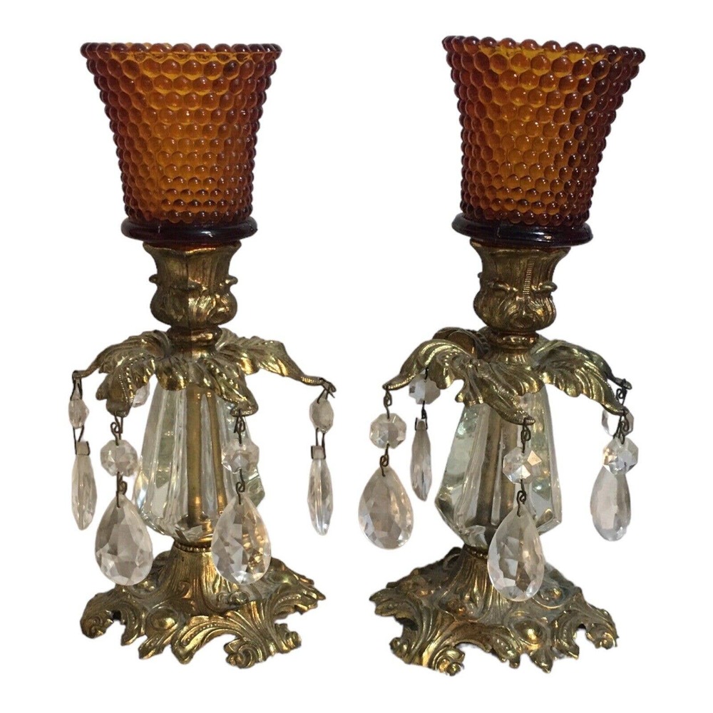 Vintage L&L 1973 Brass Crystal Candle Holders With Amber Candle Votive